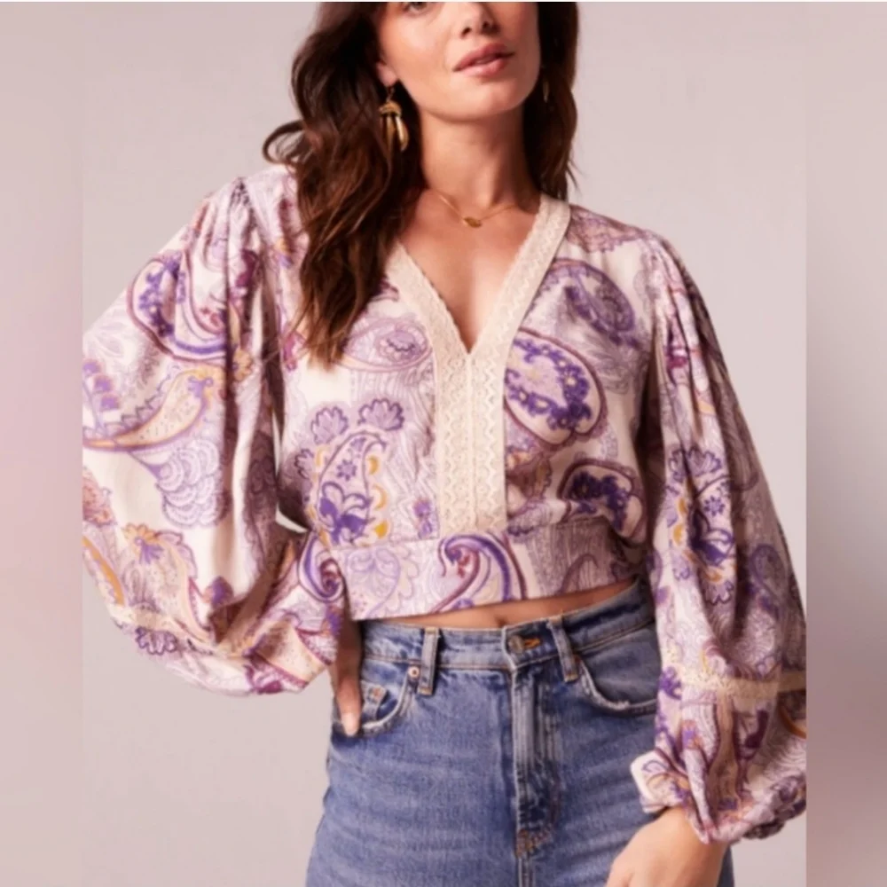 Free People / Band of the Free Mirabelle Purple Paisley Lace Crop Top Sz M NWT